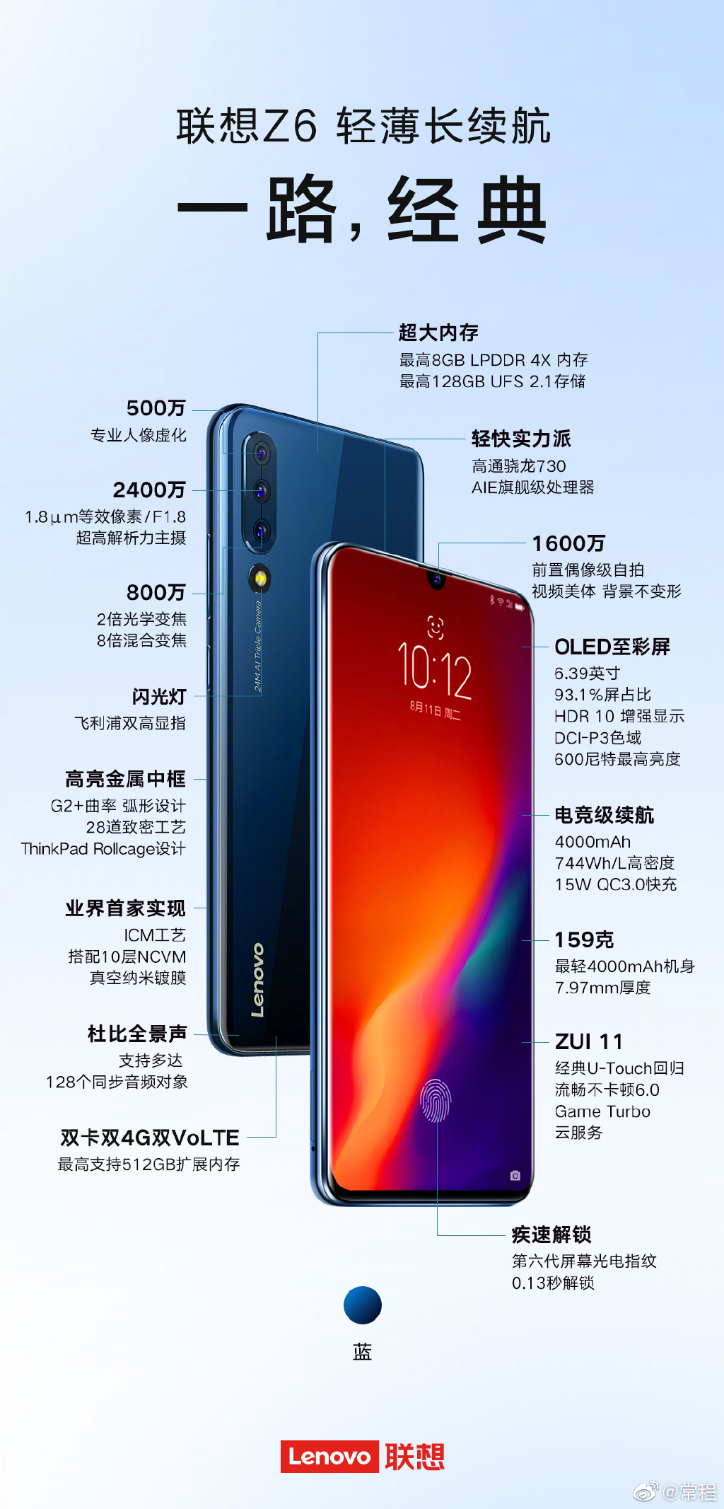 联想z6发布:骁龙730,4000mah,屏下指纹